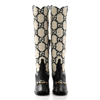 Gucci Tweed GG Monogram Wrinkled Kid Zumi Knee Boots 39 Natural Black 2 of 8