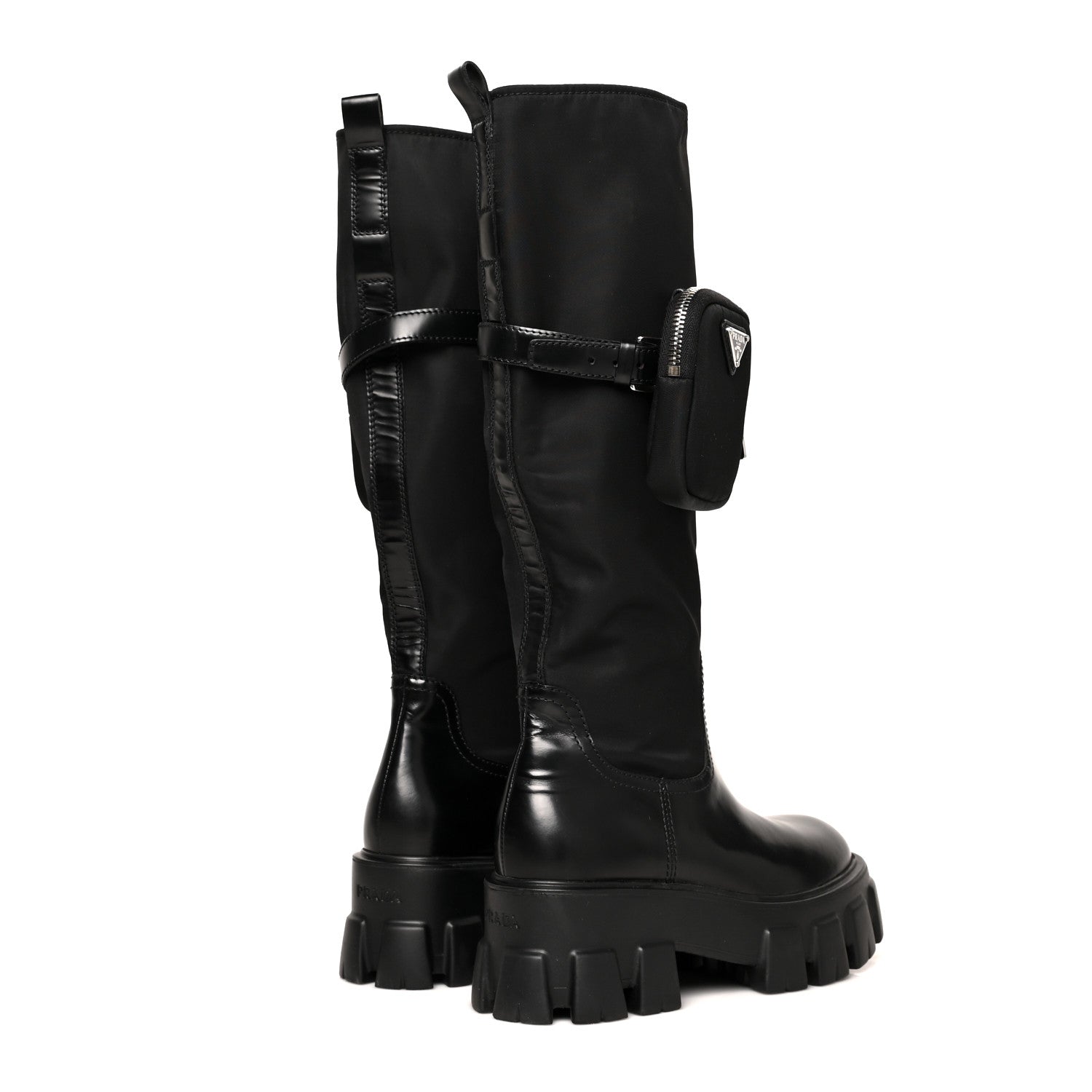 Prada Spazzolato Rois Re-Nylon Metal Triangle Logo Monolith Pouch Pocket 55mm Tall Boots 36 Black 4 of 11