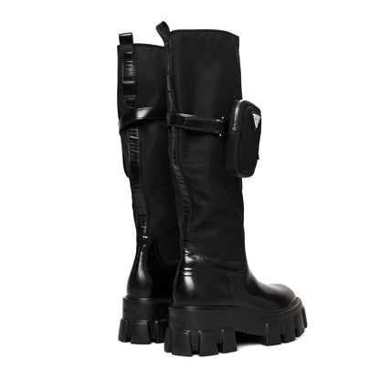 Prada Spazzolato Rois Re-Nylon Metal Triangle Logo Monolith Pouch Pocket 55mm Tall Boots 36 Black 4 of 11