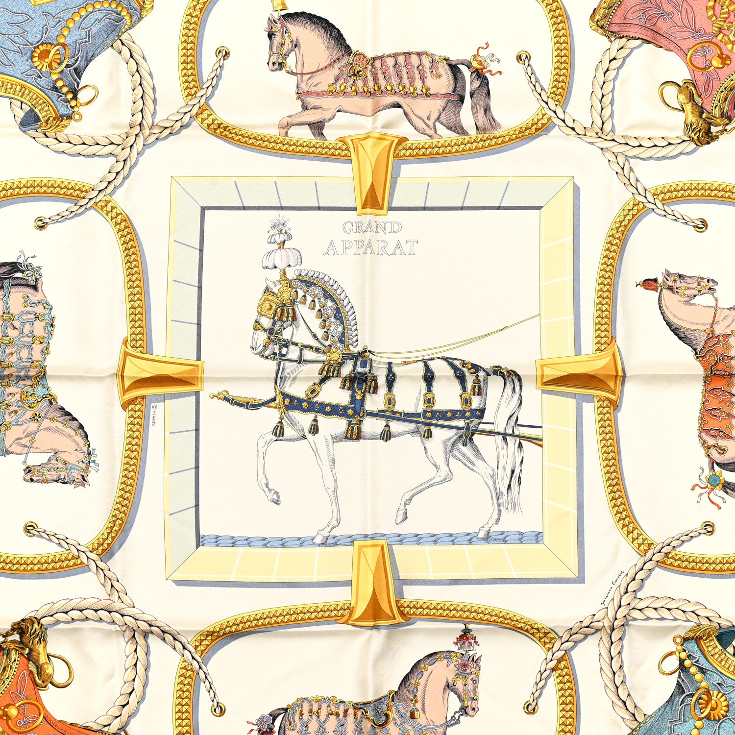 Hermes Silk Grand Apparat Scarf 90 Creme Gold Multicolor 5 of 5
