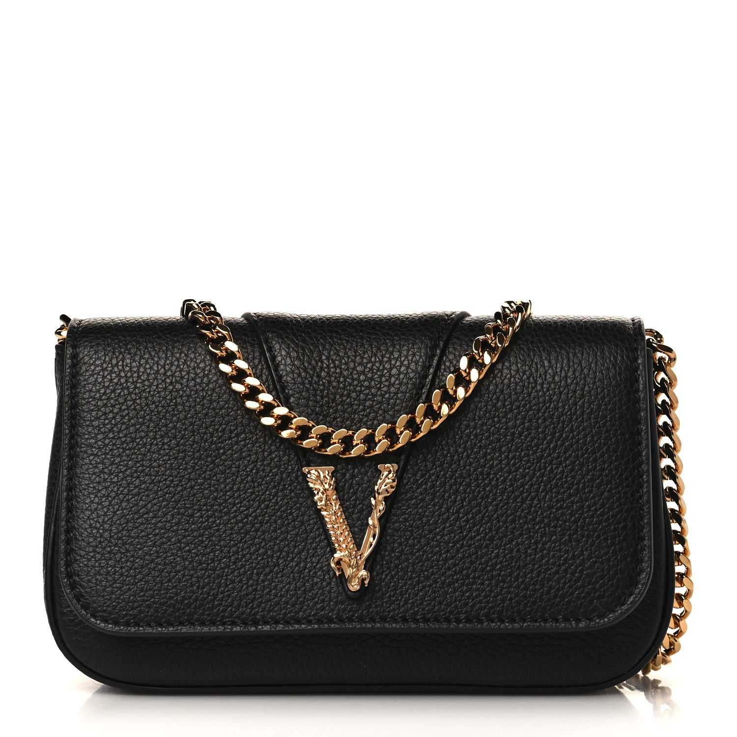 Versace Grainy Calfskin Virtus V Mini Wallet Chain Crossbody Black 1 of 8