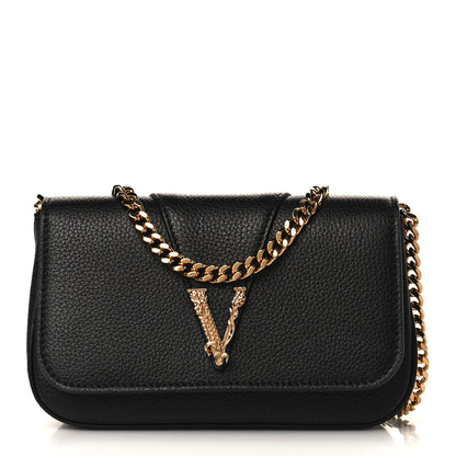 Versace Grainy Calfskin Virtus V Mini Wallet Chain Crossbody Black 1 of 8