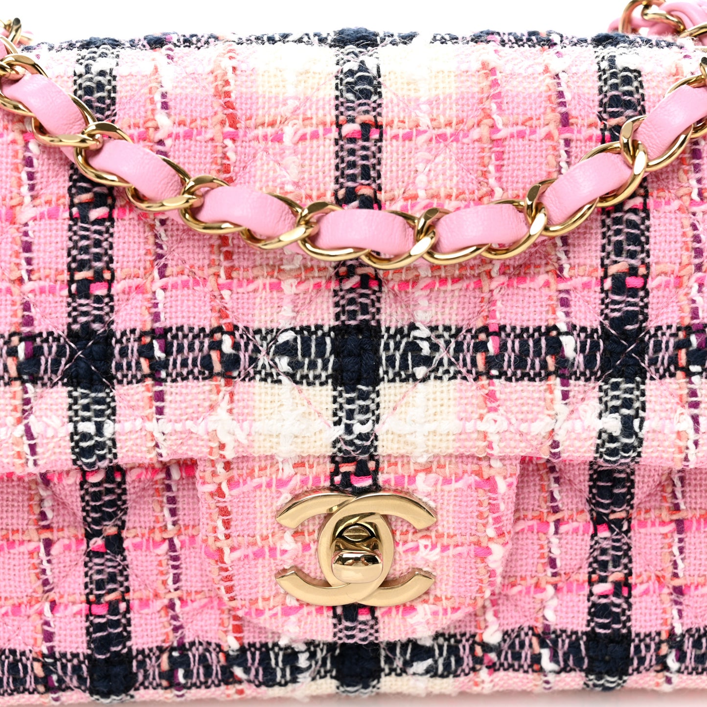 Metallic Tweed Quilted Mini Rectangular Flap Pink Navy White