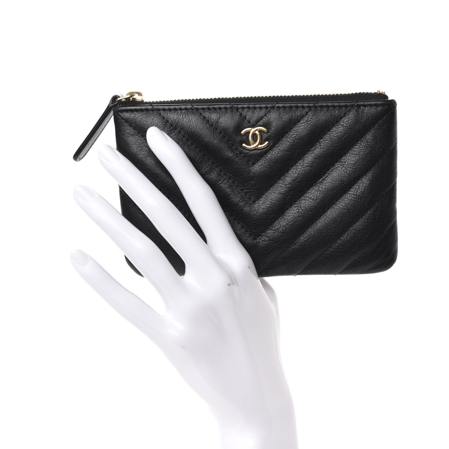 Crumpled Calfskin Chevron Quilted Small Cosmetic Case Black