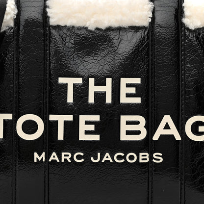 Marc Jacobs Shiny Calfskin Faux Shearling Mini The Traveler Tote Bag Black 9 of 11