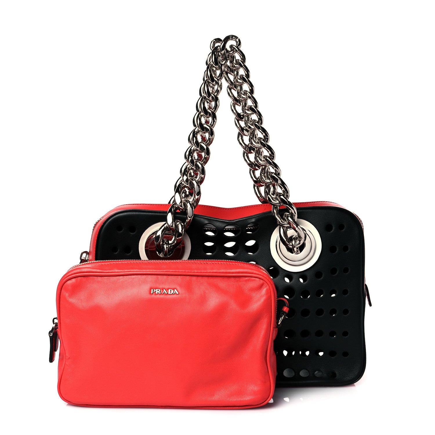 Prada City Calfskin Perforated Chain Shoulder Bag Black Lacca 1 of 11