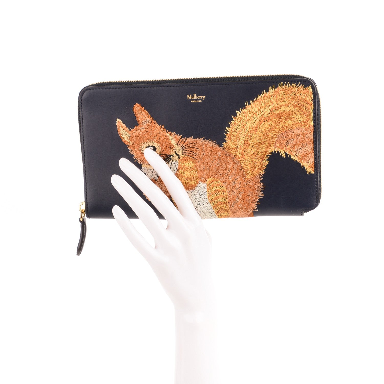 Mulberry Smooth Calf Squirrel Embroidered Zip Around Clutch Wallet Navy 2 of 7