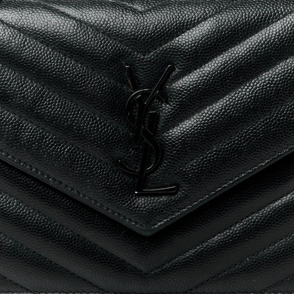 Saint Laurent Grain De Poudre Matelasse Chevron Monogram Monochrome Envelope Chain Wallet Black 9 of 11
