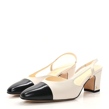 Chanel Glazed Calfskin Cap Toe CC Slingback Pumps 38 Ivory Black 3 of 9