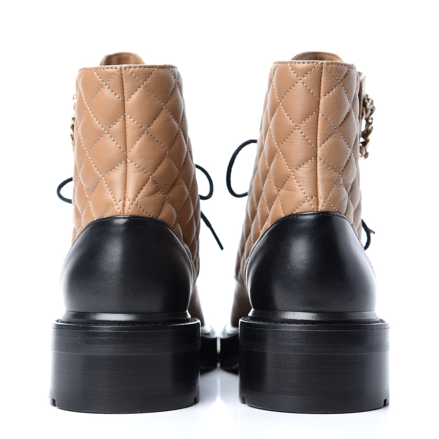Lambskin Calfskin Quilted Lace Up Combat Boots 39.5 Light Brown Black