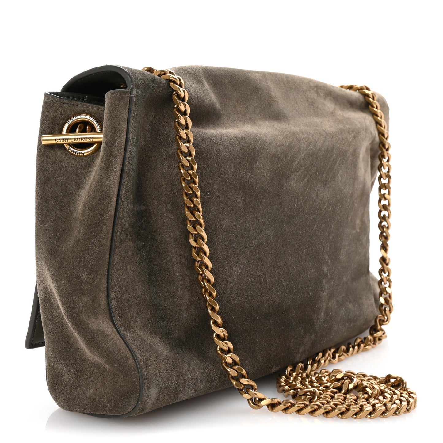 Smooth Calfskin Suede Medium Reversible Monogram Kate Satchel Taupe