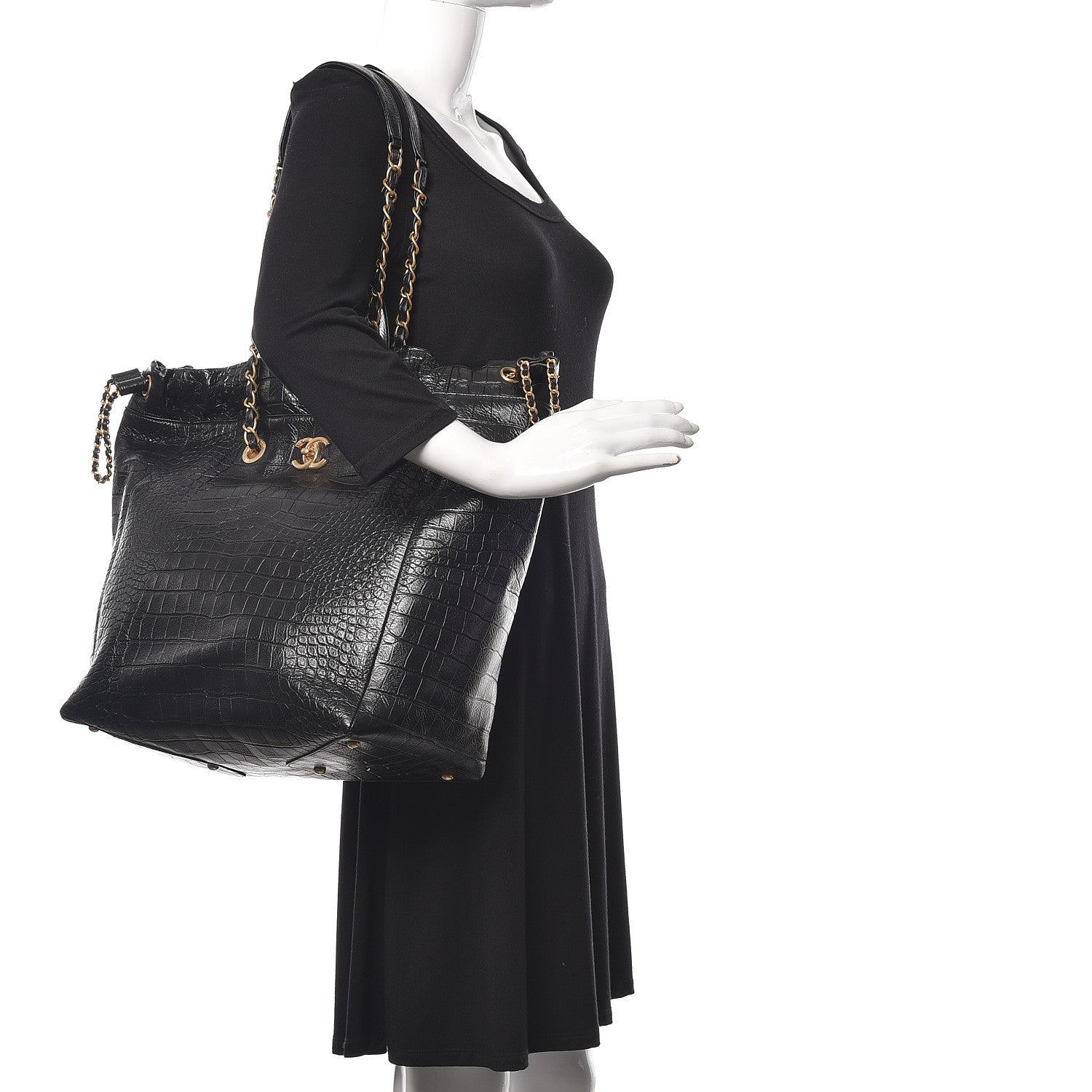 Chanel Calfskin Crocodile Embossed Large Cocodile Shopping Tote Black 2 of 10