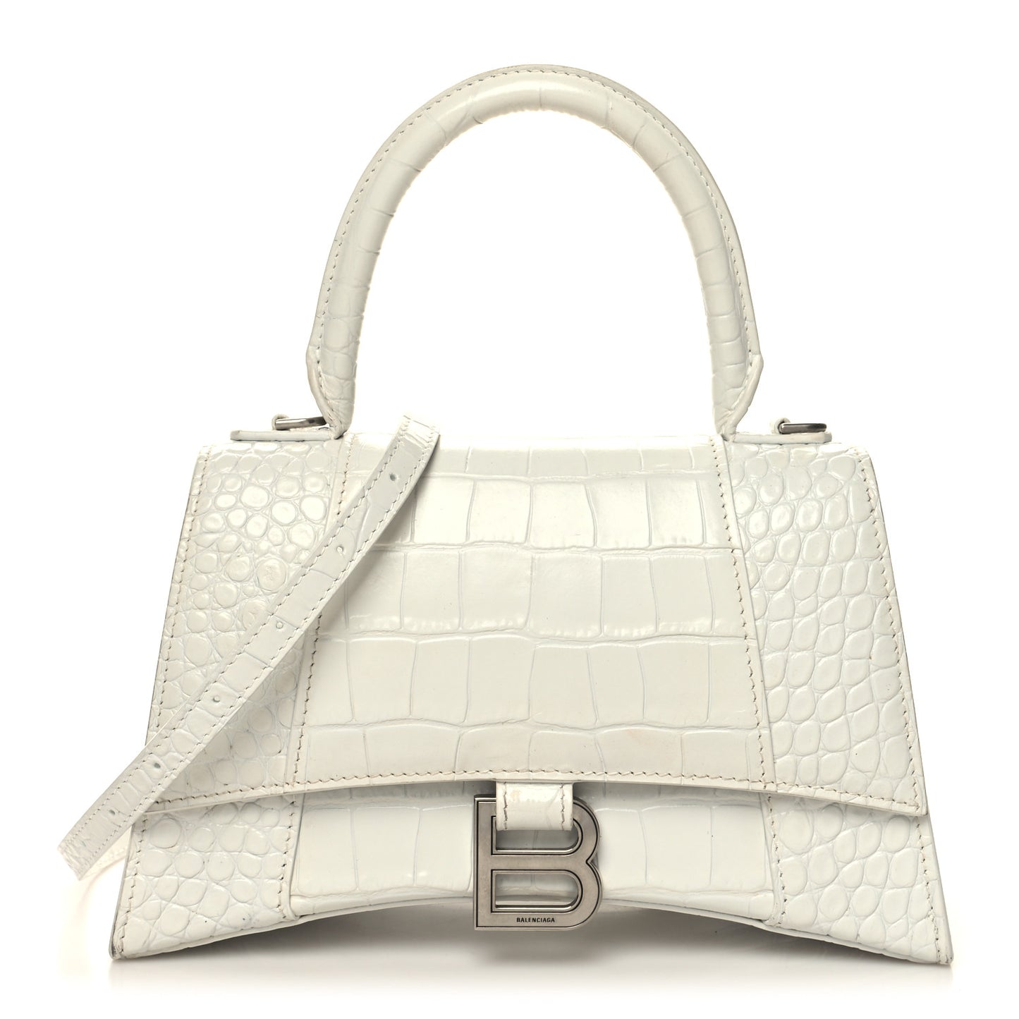 Calfskin Crocodile Embossed Small Hourglass Top Handle Bag White