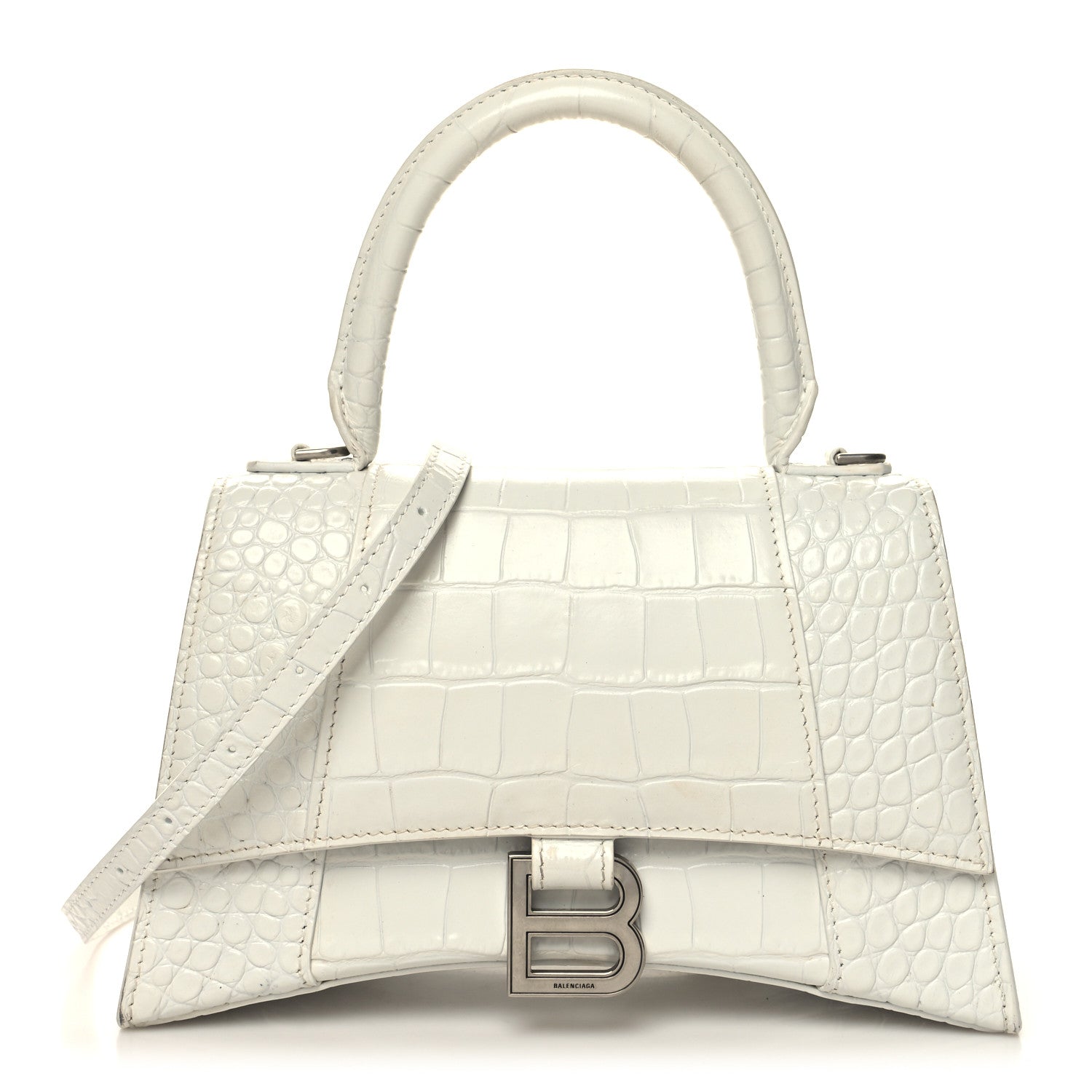 Balenciaga Calfskin Crocodile Embossed Small Hourglass Top Handle Bag White 1 of 15