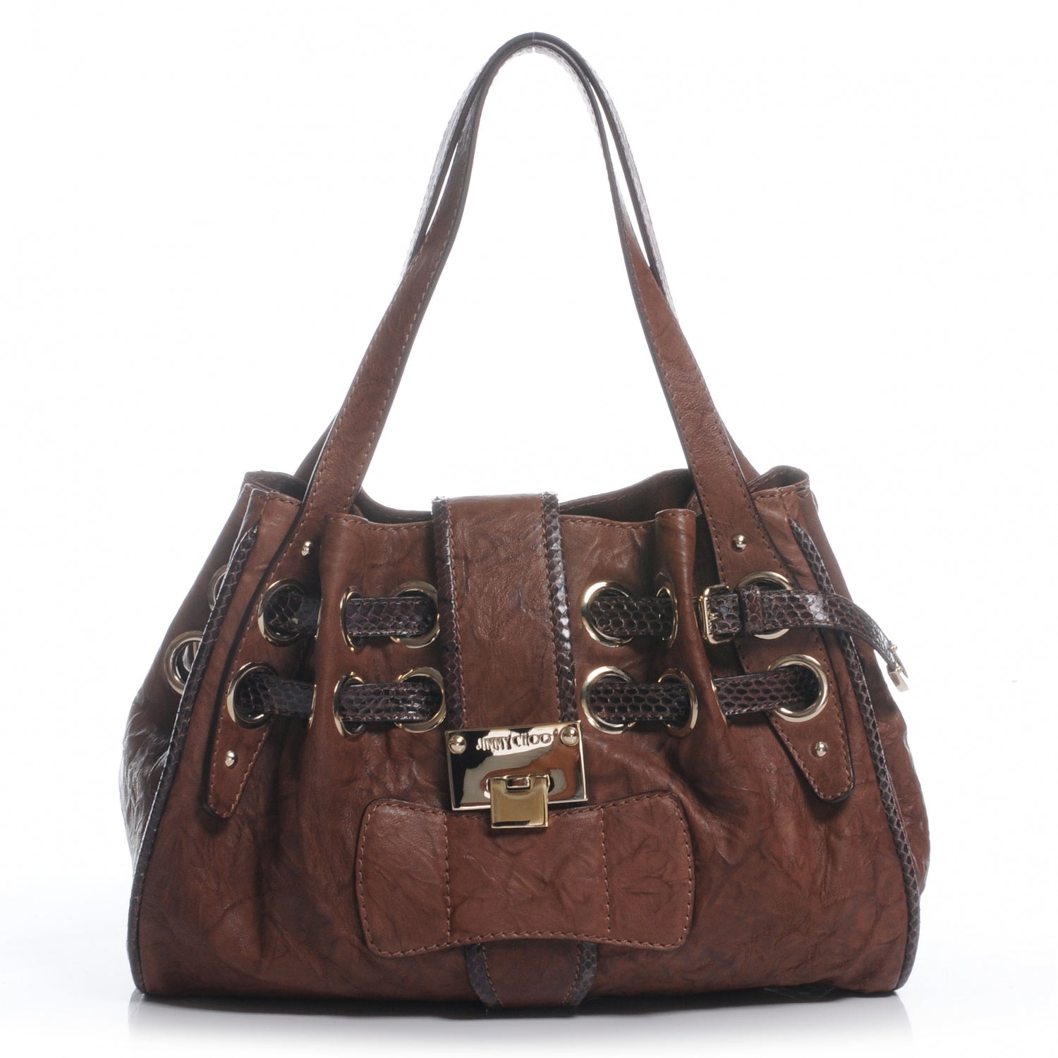 Jimmy Choo Leather Watersnake Trim Riki Tote Bag Brown 1 of 8