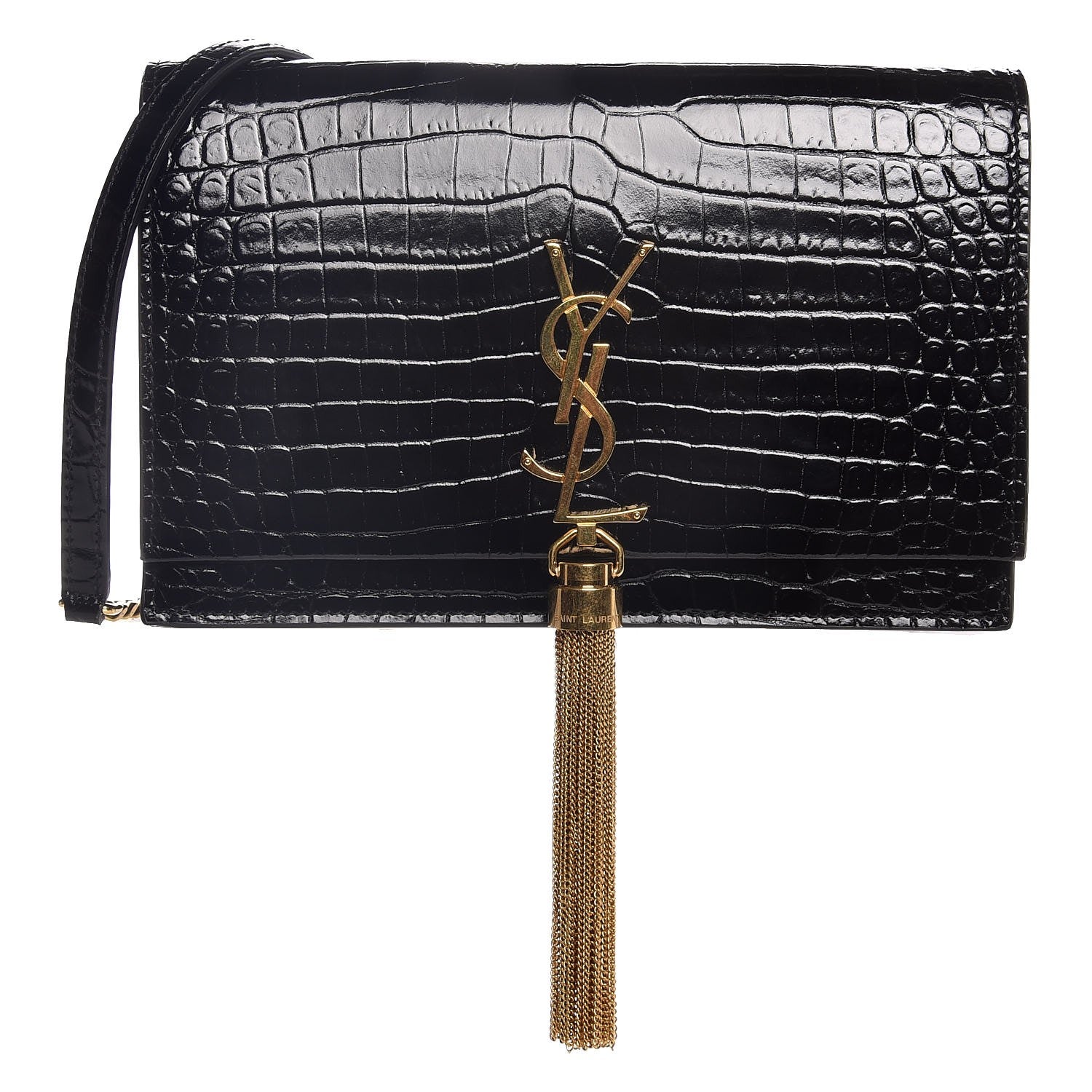 Saint Laurent Calfskin Crocodile Embossed Kate Monogram Tassel Chain Wallet Black 1 of 8