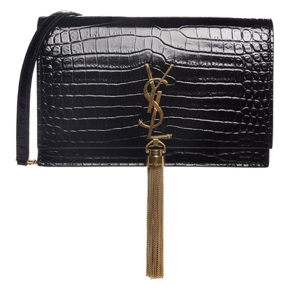 Saint Laurent Calfskin Crocodile Embossed Kate Monogram Tassel Chain Wallet Black 1 of 8