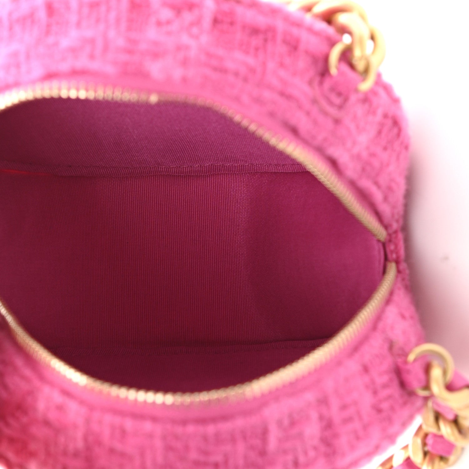 Chanel Wool Tweed Lambskin Quilted Chanel 19 Round Clutch With Chain and Coin Purse Fuchsia 6 of 11