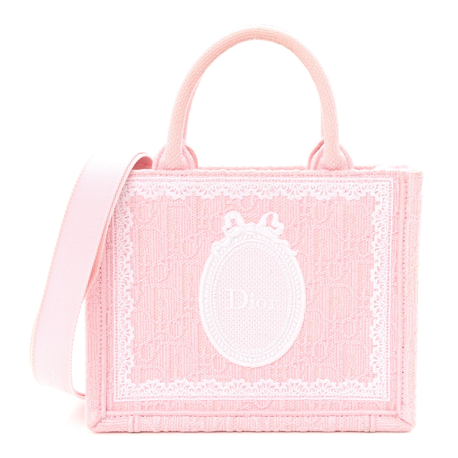 Christian Dior Cotton Toile De Jouy Oblique Embroidered Dior Medaillon Mini Book Tote With Strap Soupir Pink White 1 of 10