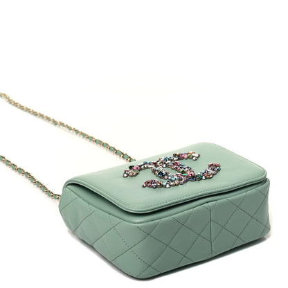 Chanel Lambskin Calfskin Quilted Strass Mania Mini Square Flap Light Green 4 of 9