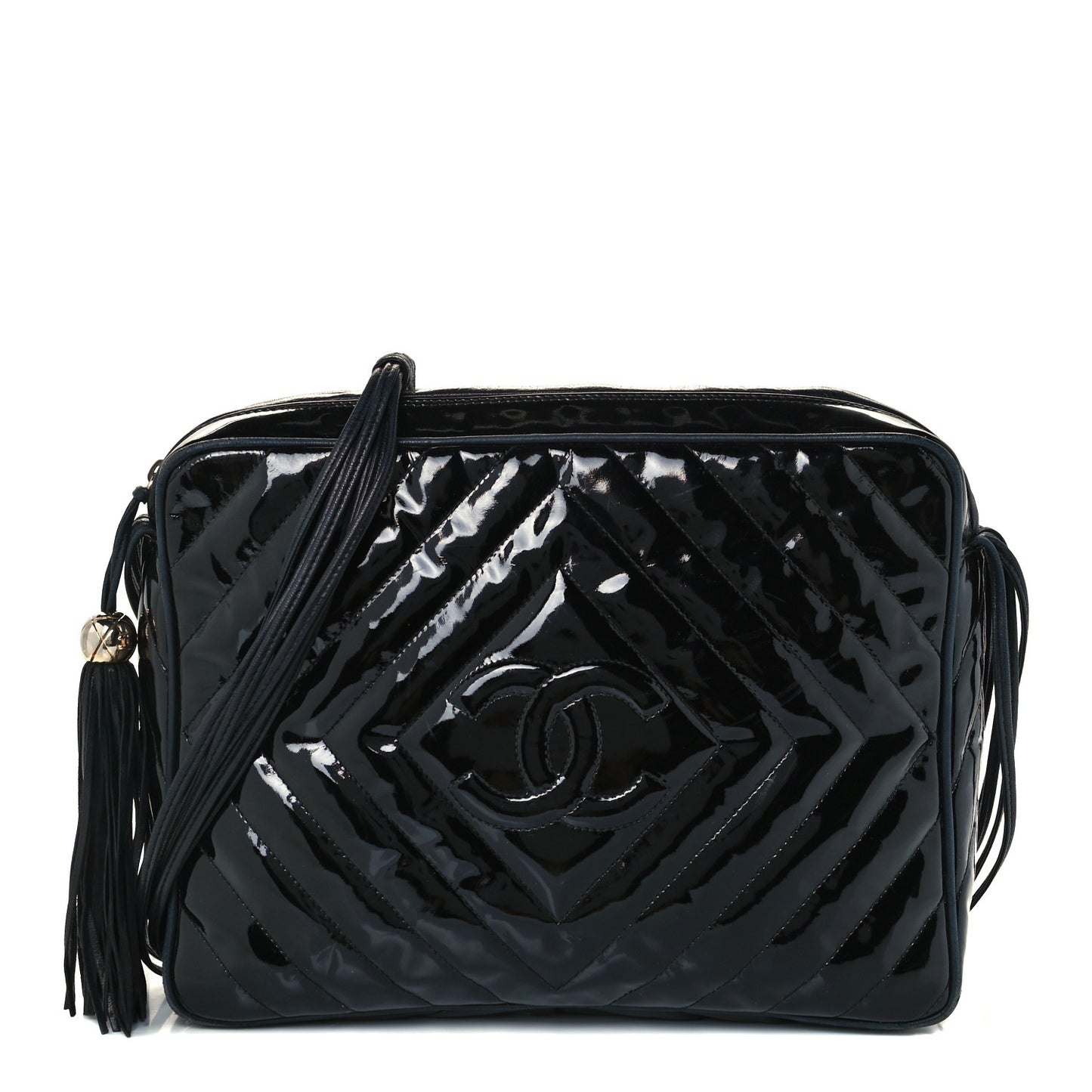 Patent Chevron Quilted Tassel Camera Case Black
