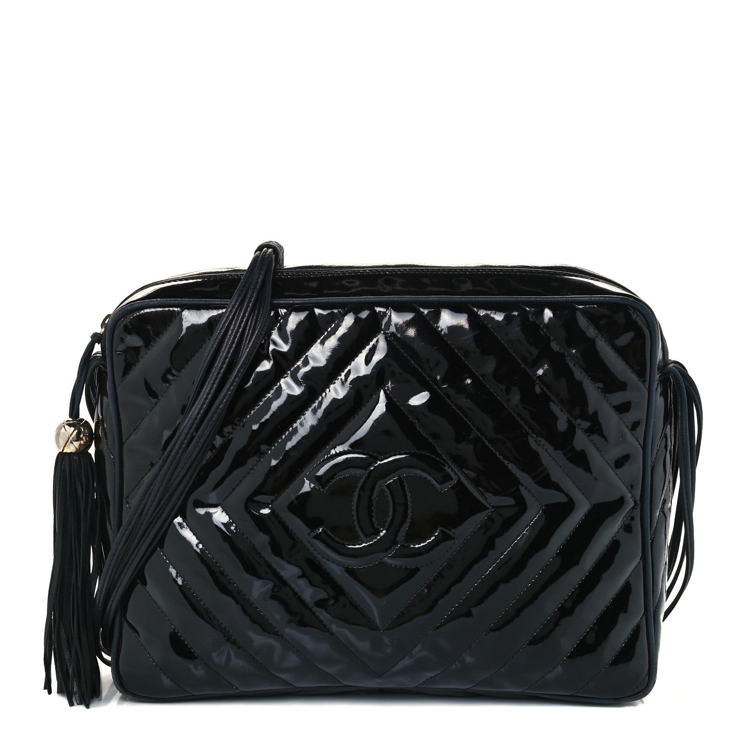 Chanel Patent Chevron Quilted Tassel Camera Case Black 1 of 11