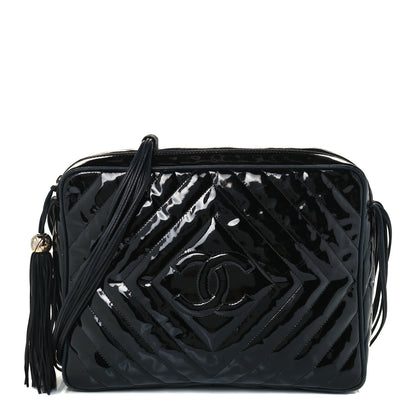 Chanel Patent Chevron Quilted Tassel Camera Case Black 1 of 11