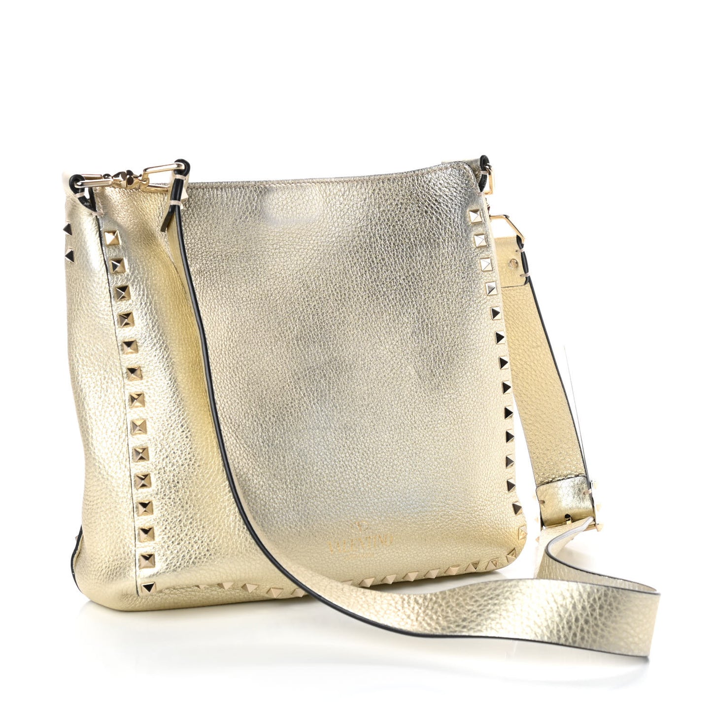 Metallic Pebbled Calfskin Small Rockstud Flip-Lock Messenger Bag Platino
