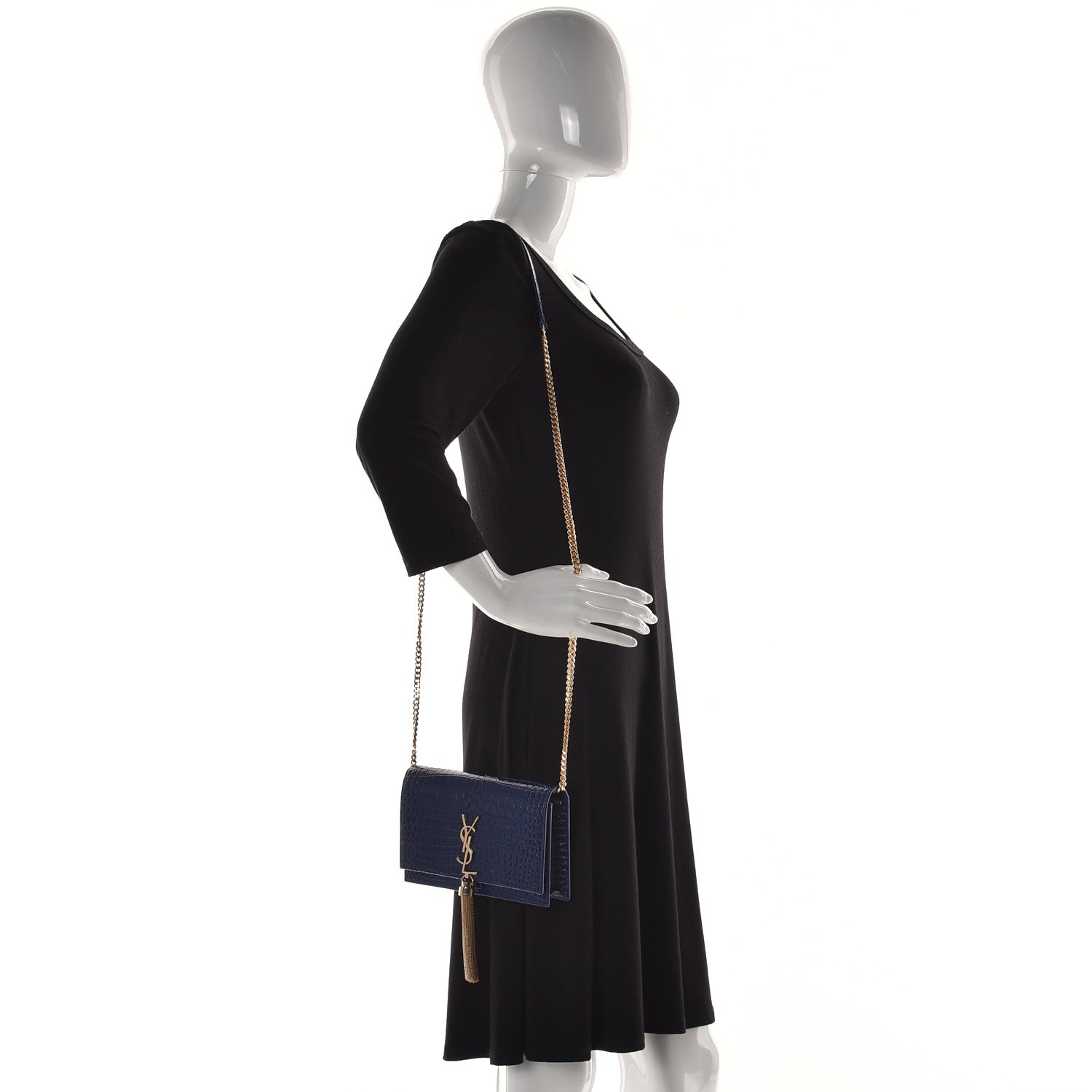 Saint Laurent Calfskin Crocodile Embossed Kate Monogram Tassel Chain Wallet Royal Blue 2 of 12