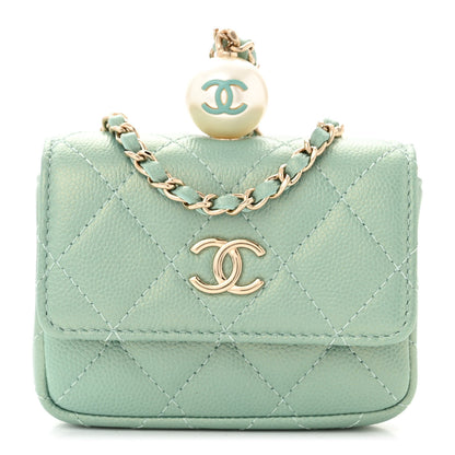 Chanel Iridescent Caviar Quilted Pearl On Top Coin Purse With Chain Light Green 1 of 11