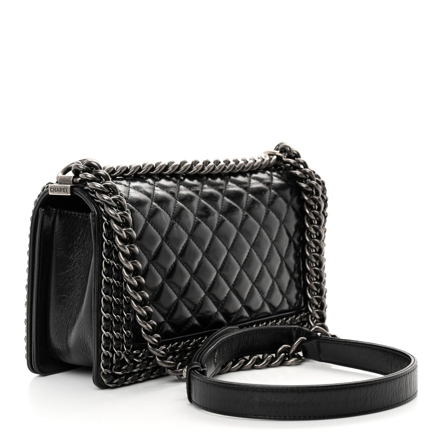 Glazed Calfskin Quilted Medium Chain Around Boy Flap Black