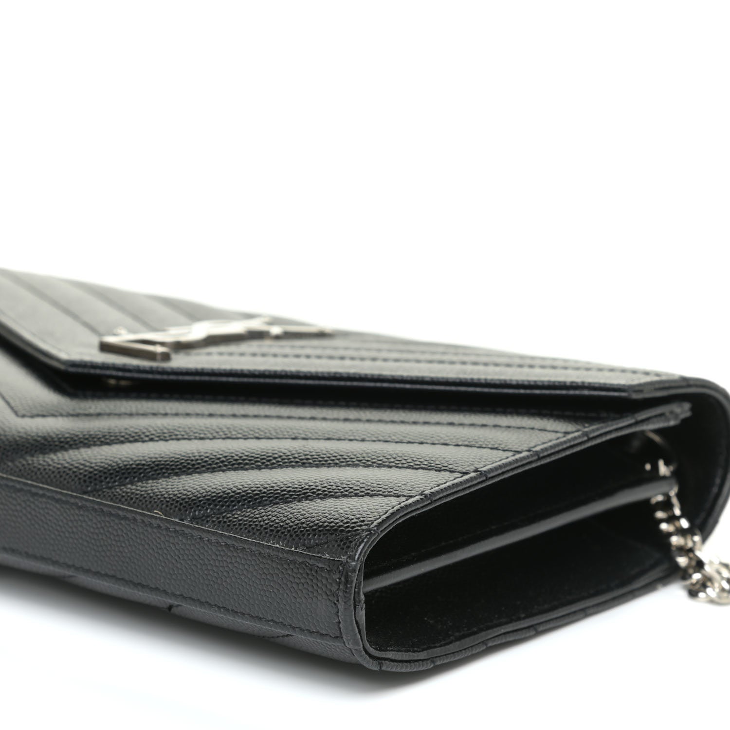 Saint Laurent Grain De Poudre Matelasse Chevron Monogram Chain Wallet Black 6 of 17