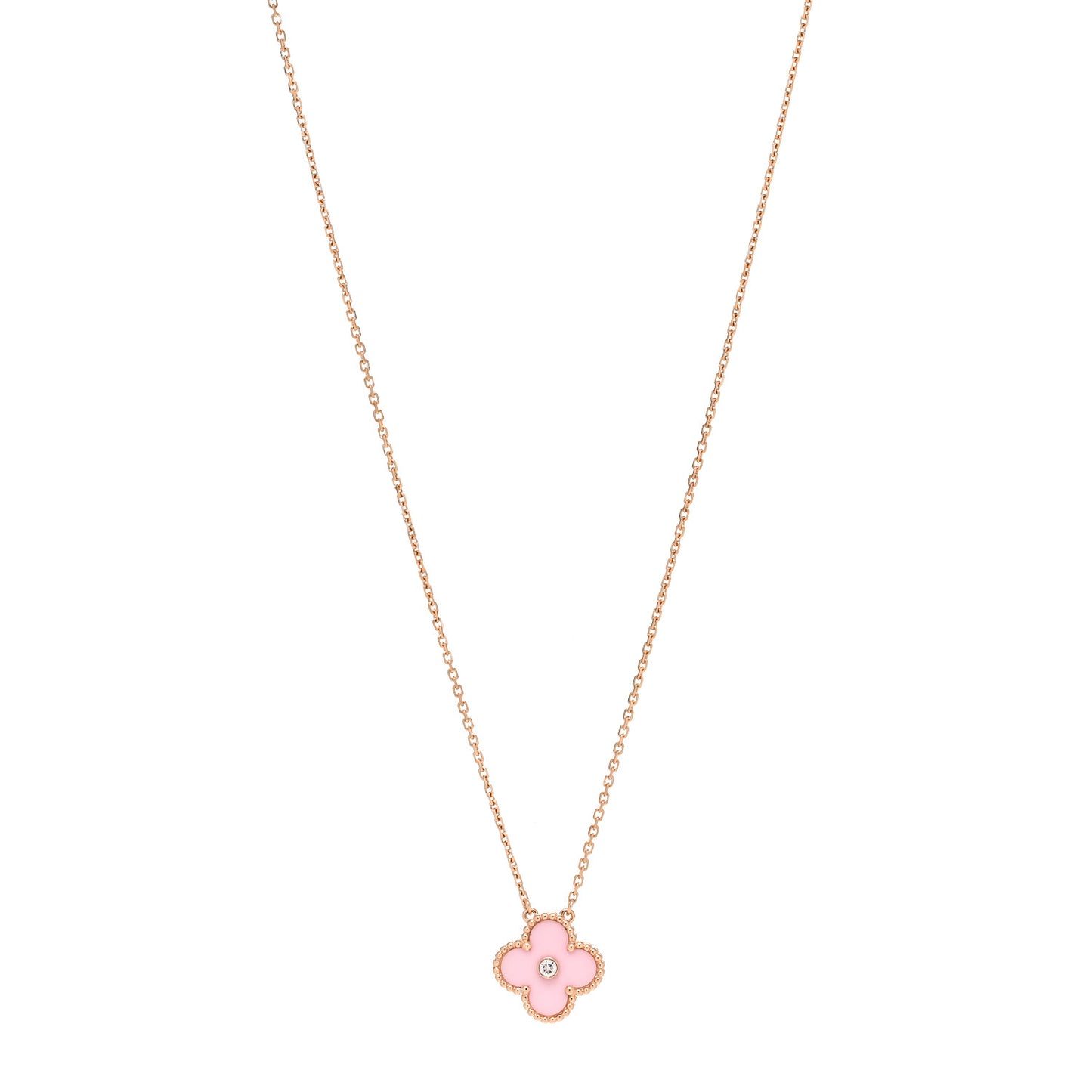 18K Rose Gold Diamond Pink Porcelain Vintage Alhambra Pendant Necklace
