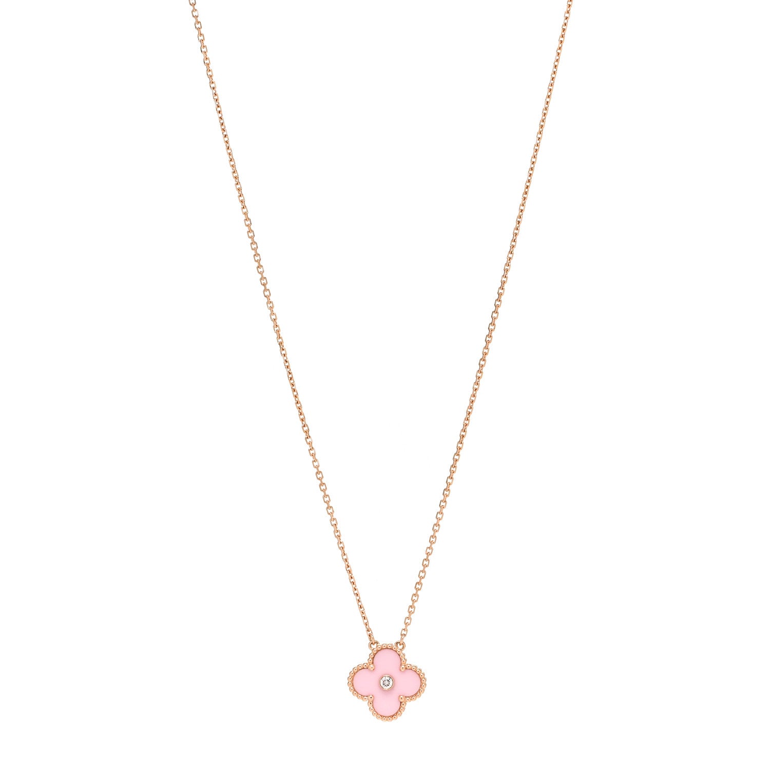 Van Cleef & Arpels 18K Rose Gold Diamond Pink Porcelain Vintage Alhambra Pendant Necklace 1 of 7