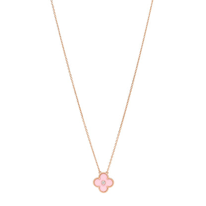 Van Cleef & Arpels 18K Rose Gold Diamond Pink Porcelain Vintage Alhambra Pendant Necklace 1 of 7