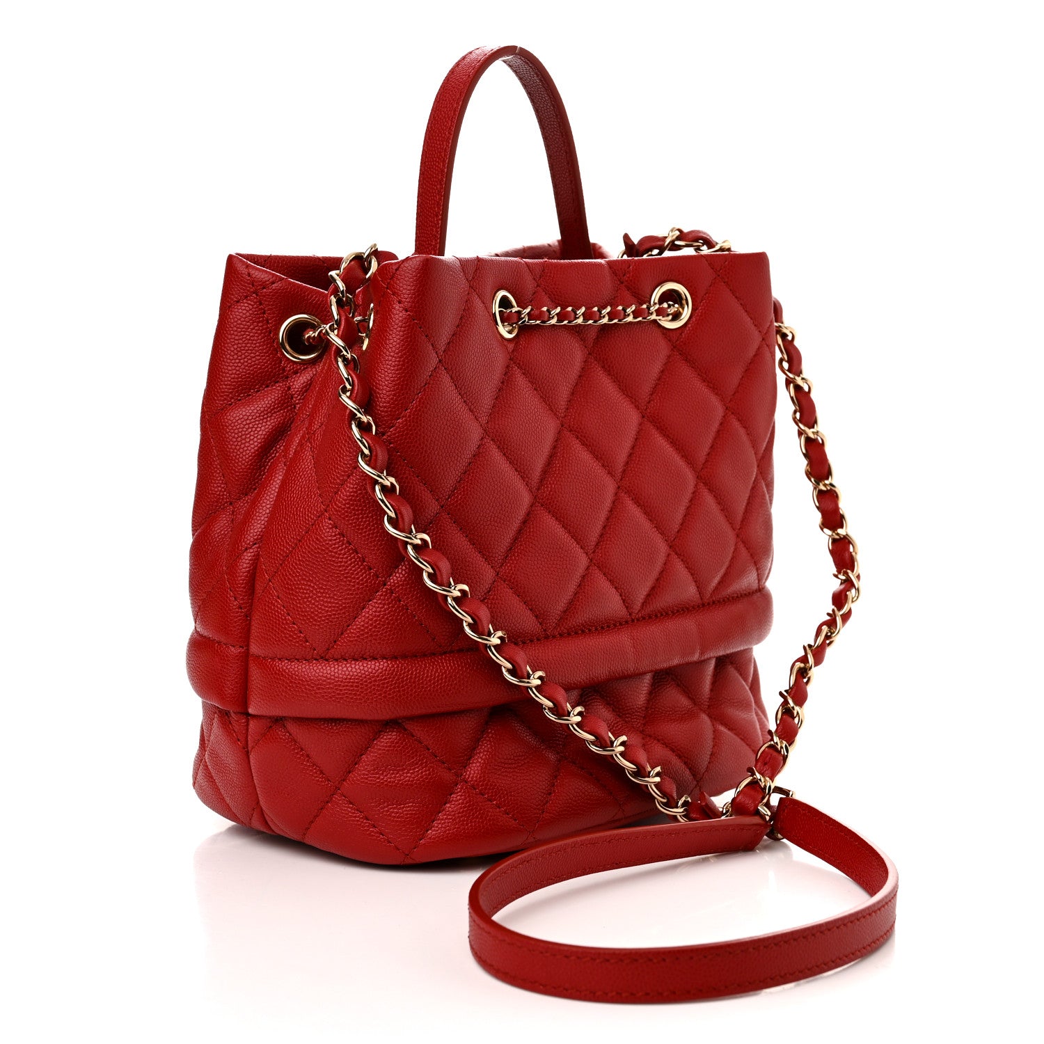 Chanel Caviar Quilted Rolled Up Bucket Drawstring Bag Red 3 of 10
