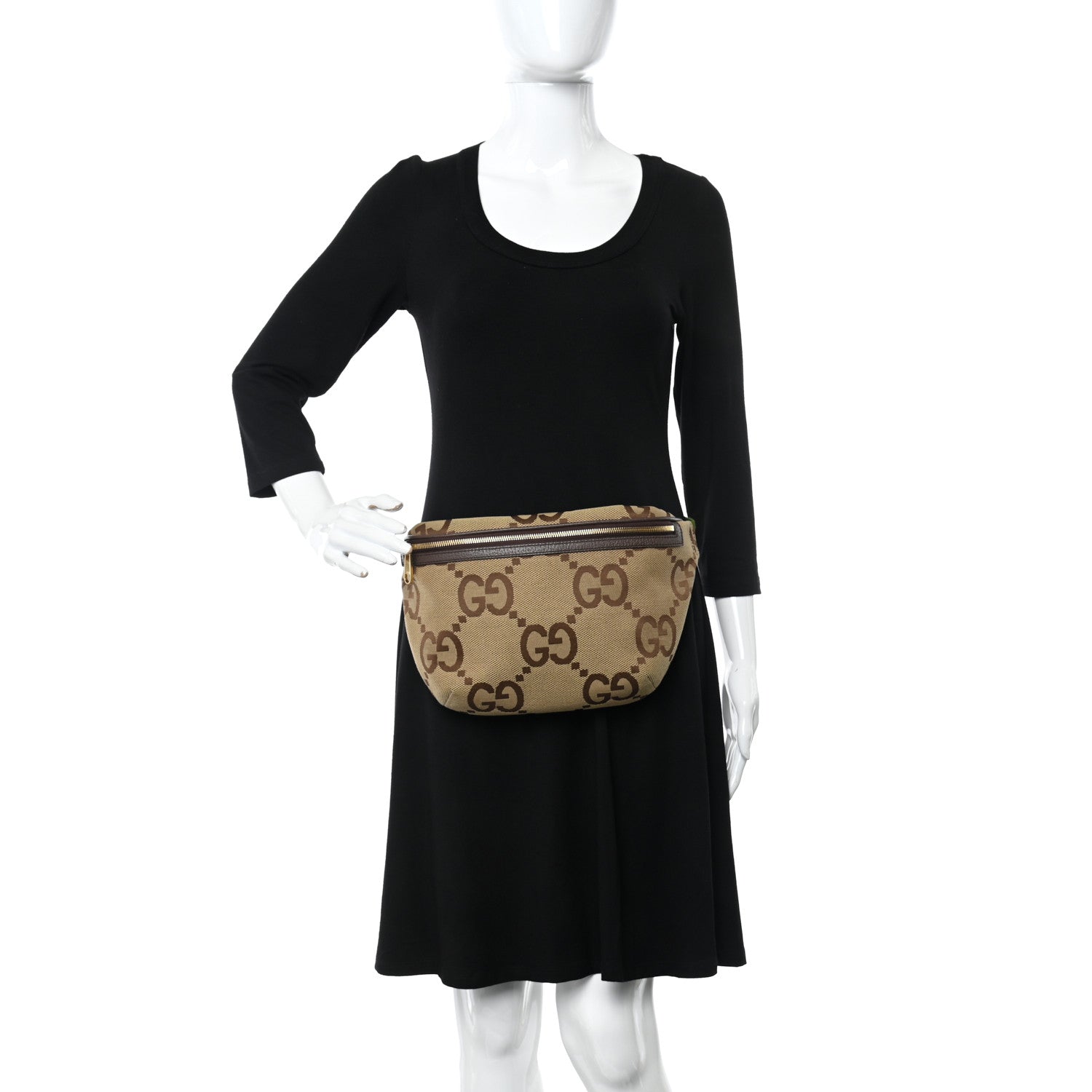 Gucci Monogram Jumbo GG Textured Dollar Calfskin Web Belt Bag Camel Ebony New Acero 2 of 9
