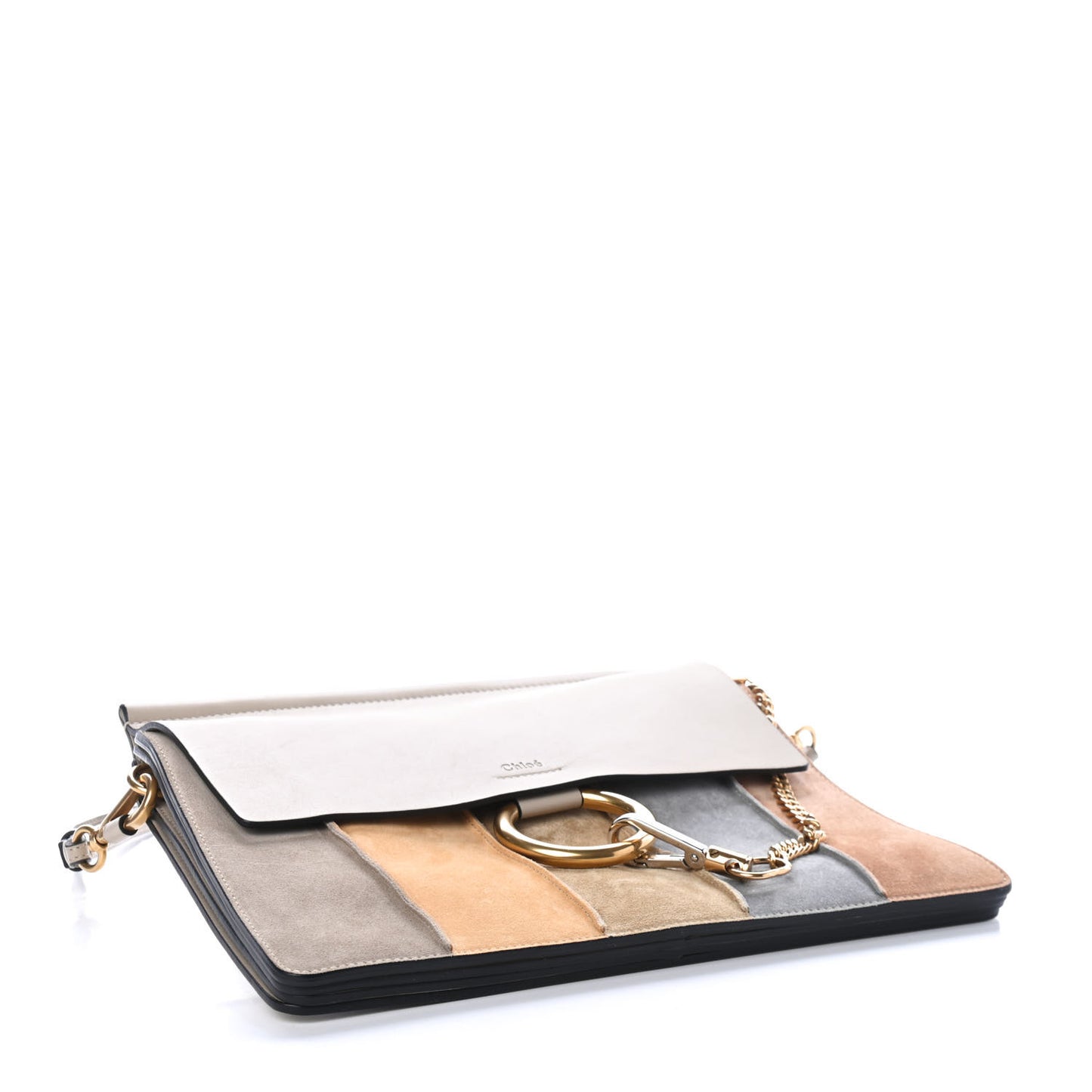 Suede Calfskin Striped Patchwork Medium Faye Shoulder Bag Grey Multicolor