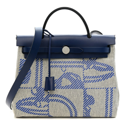Hermes Vache Hunter Toile H Brides de Gala Herbag Zip Retourne 31 PM Bleu De France Ecru Black Bleu Saphir 1 of 21
