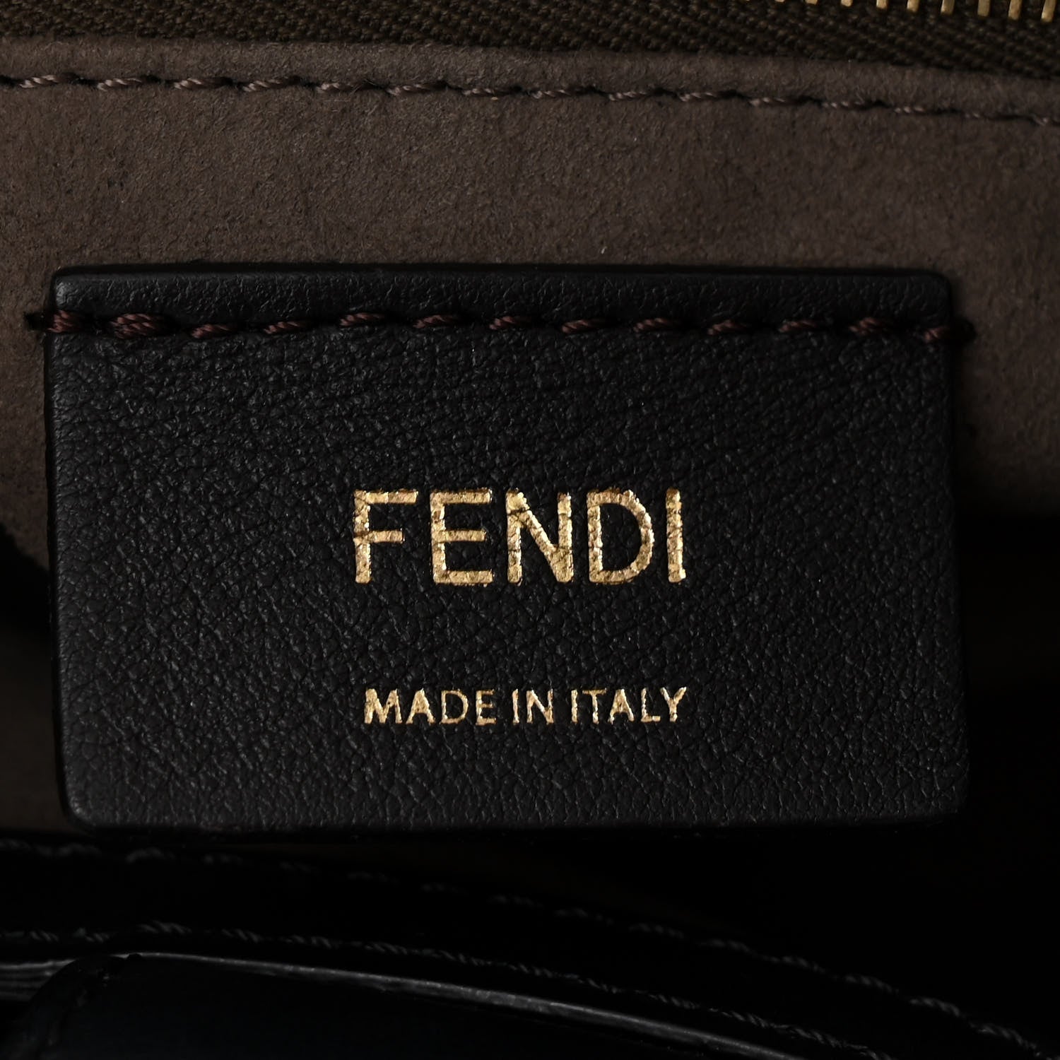Fendi Glazed Fabric Vitello Century Plexiglass FF 1974 Stamp Patch Small Runaway Shopper Tote Mogano Panna Black 6 of 10