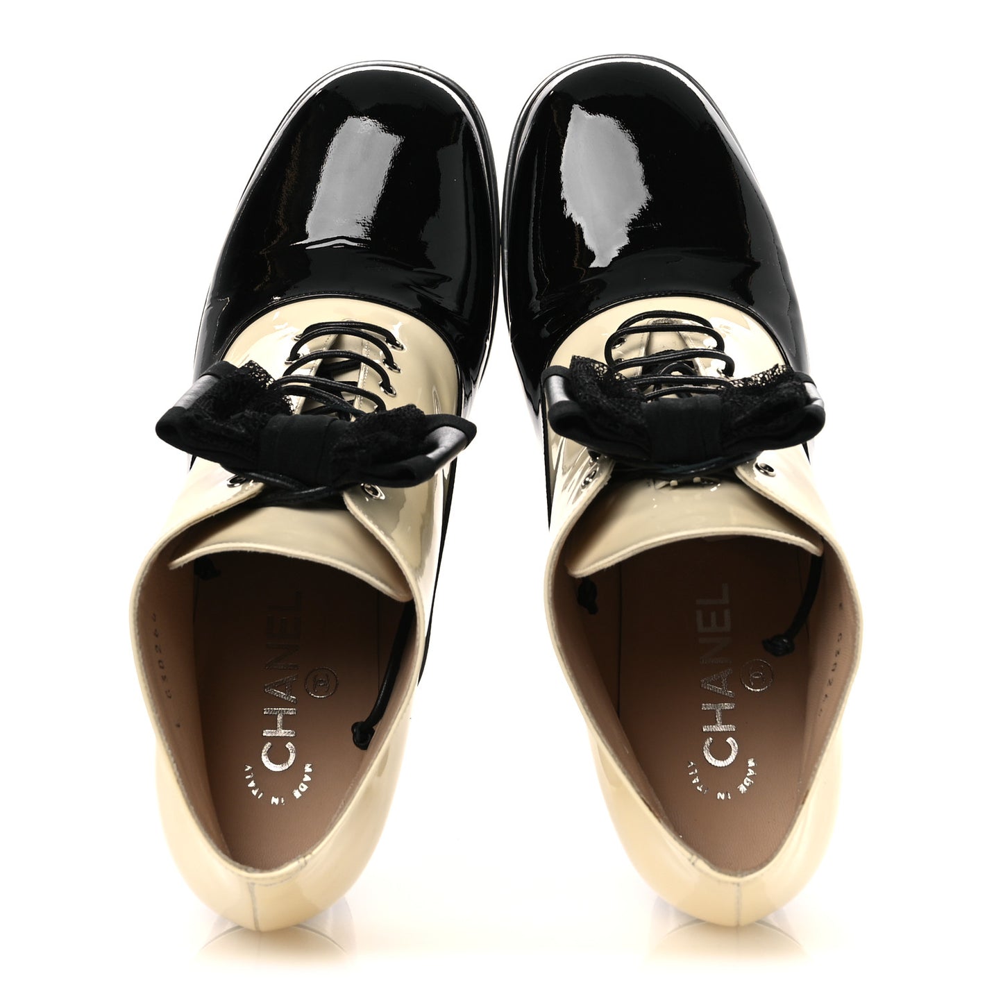 Patent Calfskin CC Bow Lace Up Oxford Pumps 41 Beige Black