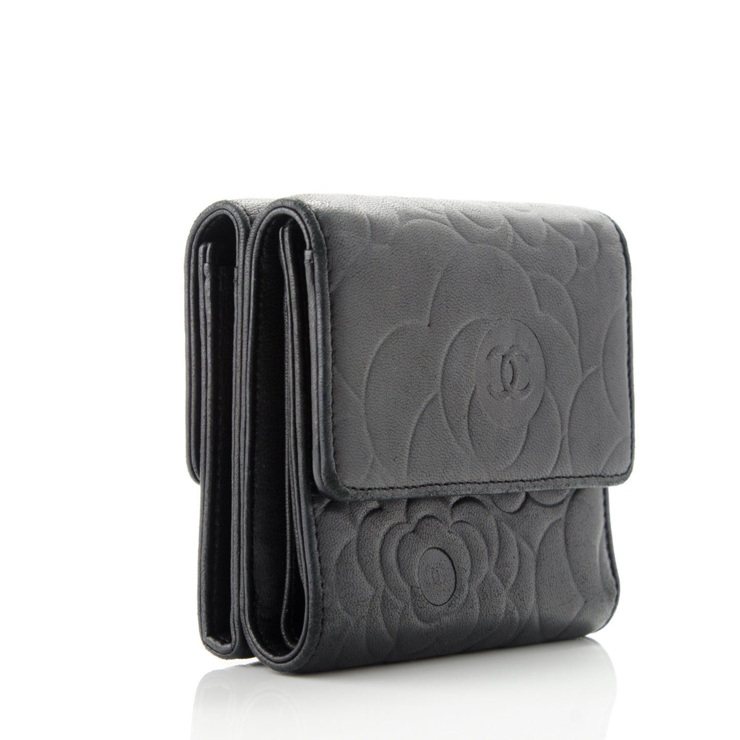 Lambskin Embossed Camellia French Wallet Black