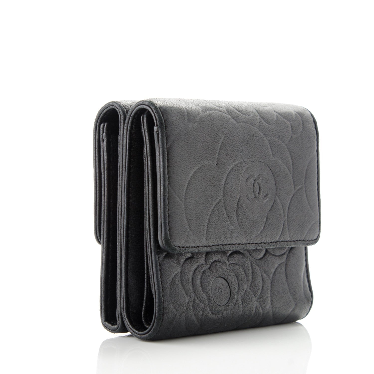 Chanel Lambskin Embossed Camellia French Wallet Black 3 of 9