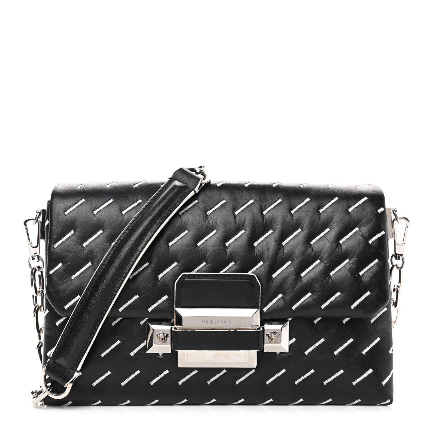 Versace Calfskin Embroidered Chain Shoulder Bag Black White 1 of 9