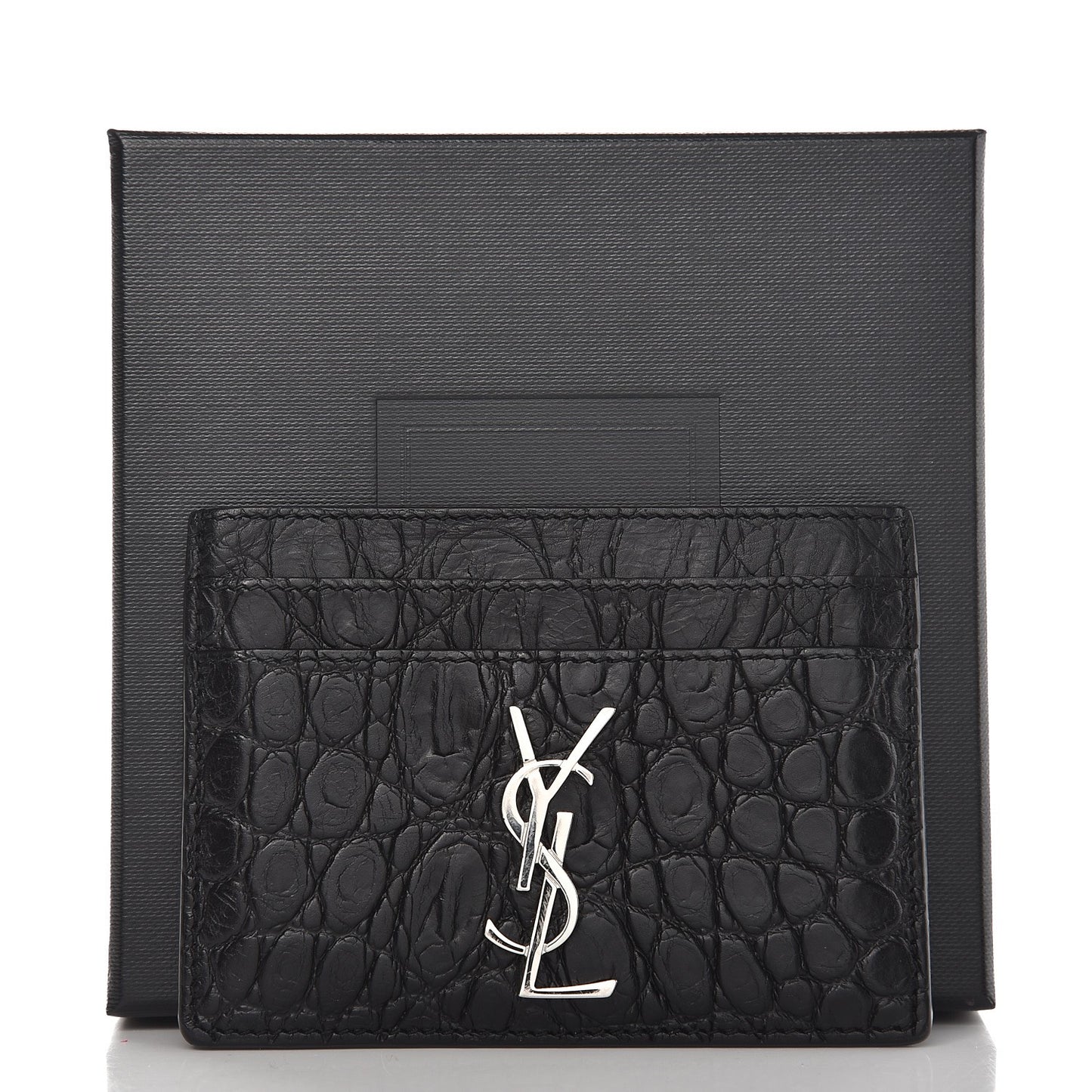 Calfskin Crocodile Embossed Monogram Credit Card Case Black