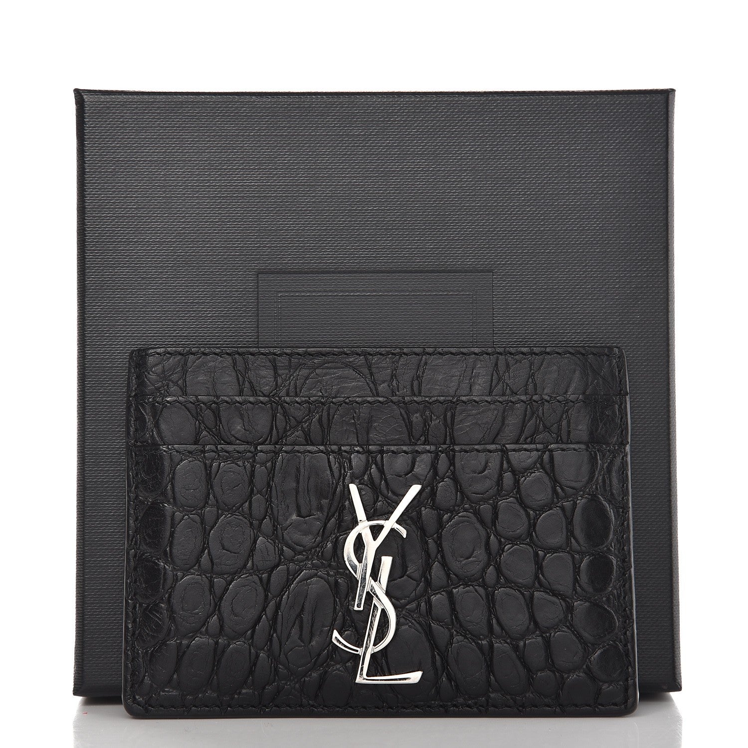 Saint Laurent Calfskin Crocodile Embossed Monogram Credit Card Case Black 8 of 8
