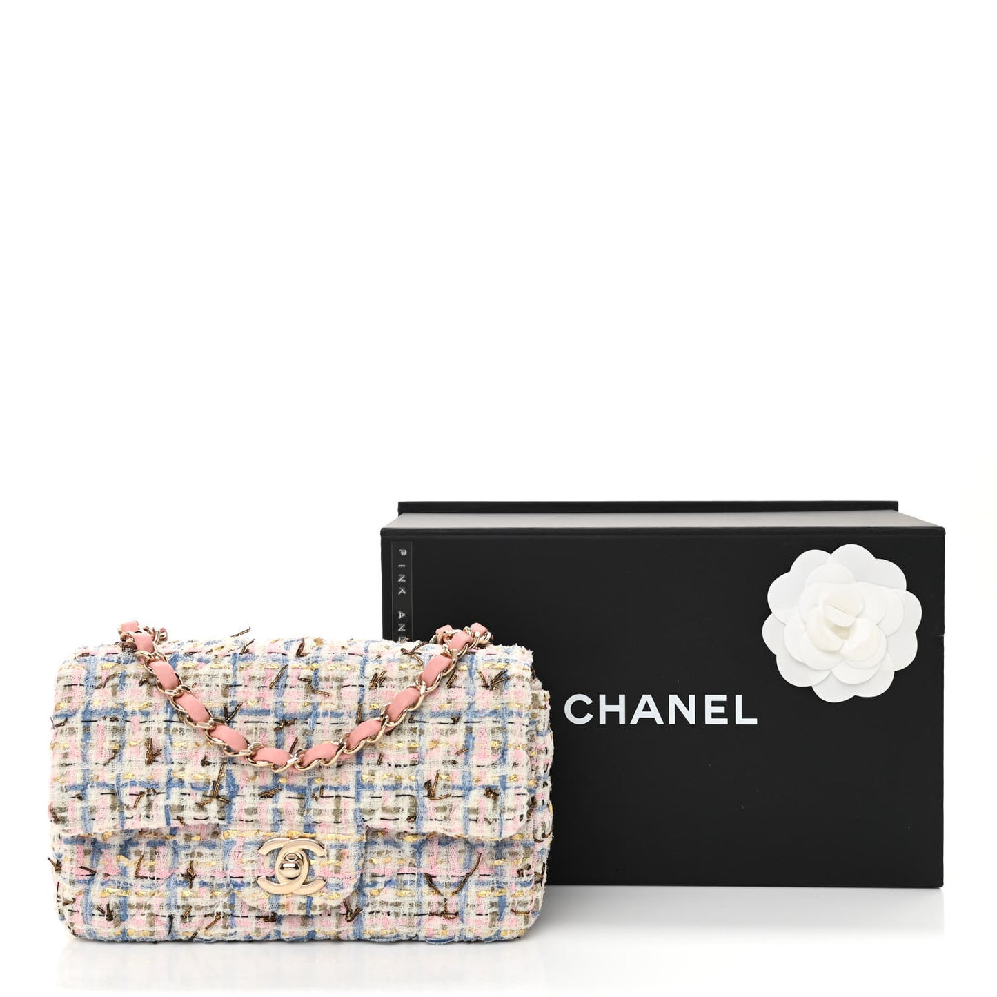Tweed Quilted Mini Rectangular Flap Light Blue Pink Gold White