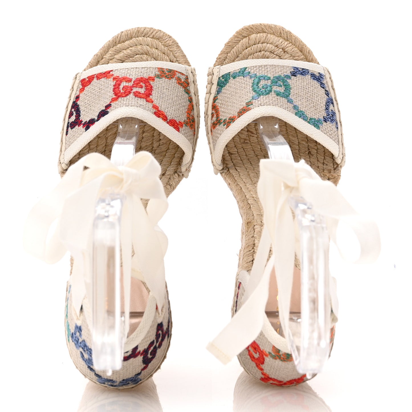 Linen Psychedelic Mini GG Monogram Ankle Wrap Platform Espadrille Wedge Sandals 36.5 Multicolor Mystic White