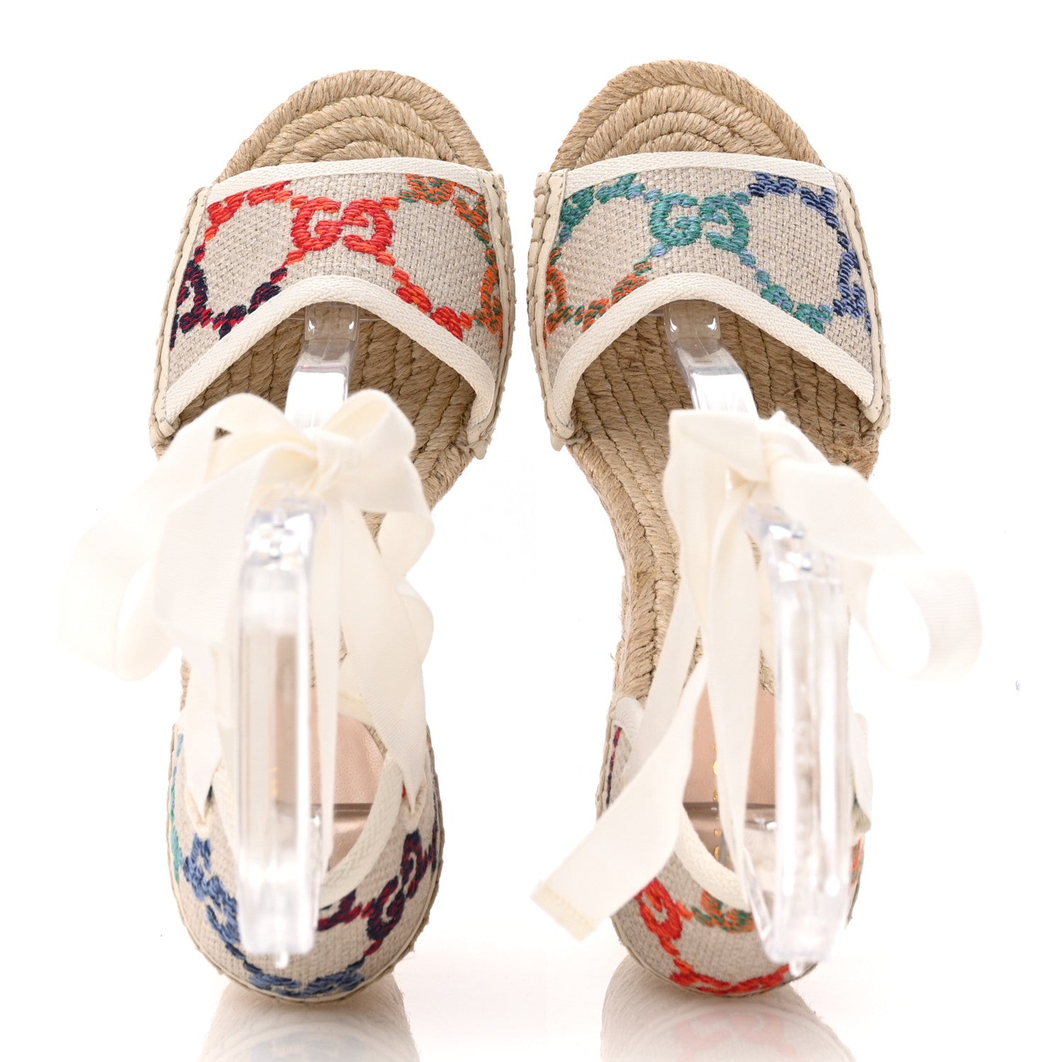 Gucci Linen Psychedelic Mini GG Monogram Ankle Wrap Platform Espadrille Wedge Sandals 36.5 Multicolor Mystic White 2 of 11