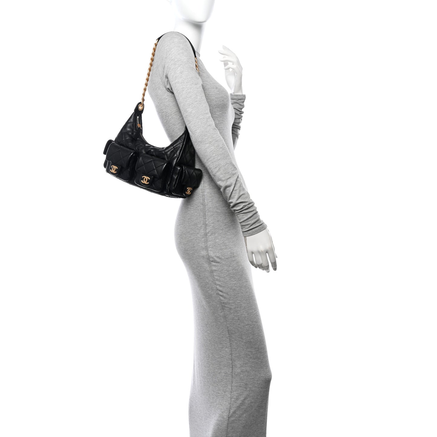 Shiny Lambskin Quilted Trendy Pockets Hobo Black
